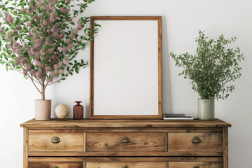 Frame mockup picture on vintage dresser against wall, detail of room interior with white blank poster and plants on wooden chest of drawers. Concept of design, mock up, wood - obrazy, fototapety, plakaty