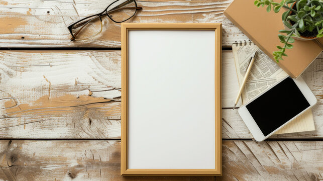 Frame mockup picture on vintage wooden table, top view, detail of room interior with white blank poster, phone and accessories. Concept of design, mock up, wood