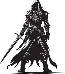 Gallant Guardian Knight Soldier Raised Sword Emblem in Black Graphic Royal Blade Black Logo Design with Knight Soldiers Raised Sword Vector