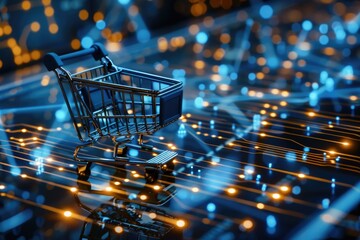 A shopping cart sits against a vibrant digital background, symbolizing the evolution of E-commerce into the virtual realm