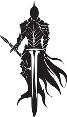 Regal Defender Black Vector Logo of Knight Soldier with Sword Aloft Vigilant Valor Vector Black Logo Featuring Knight Soldier Raised Sword