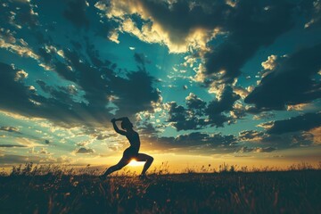 A person gracefully performing yoga poses in a field as the sun sets, embodying peace and tranquility amidst natures beauty