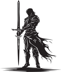 Royal Guardian Vector Black Logo with Knight Soldiers Sword Courageous Knight Emblem of Knight Soldier with Raised Sword