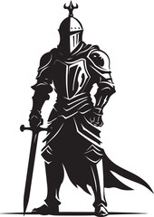 Fototapeta premium Courageous Knight Emblem of Knight Soldier with Raised Sword Steadfast Sentinel Black Vector Logo of Knight Soldier