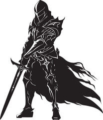 Noble Guardian Vector Black Logo with Knight Soldier Icon Gallant Knight Emblem of Knight Soldier with Raised Sword