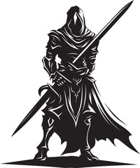 Valiant Defender Knight Soldier Raised Sword in Black Royal Guardian Vector Black Logo with Knight Soldiers Sword