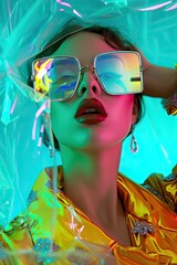 Pop art fashion photo, vibrant yellow clothes and mirrored glasses on female model, wrapped in...