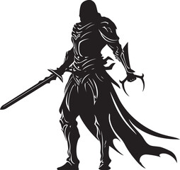 Guardians Triumph Knight Soldier Raised Sword Icon in Black Vector Sword of Honor Black Logo Design Featuring Knight Soldiers Raised Sword