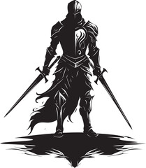 Brave Defender Knight Soldier Raised Sword in Black Valiant Guardian Vector Black Logo with Knight Soldiers Sword