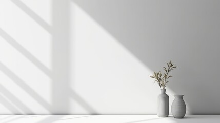 Minimalist interior white wall with vases and shadows