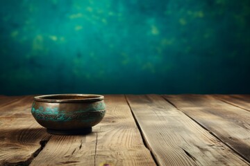 Antique singing bowl on wooden table, creating a tranquil meditation space in rustic setting