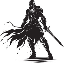 Royal Defender Emblem of Knight Soldier with Raised Sword Valor Emblem Black Vector Knight Soldier Logo
