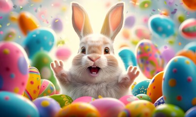 Illustration of a happy Easter bunny full of joy and excitement in 3D rendering. Happy easter background with animated bunny and easter eggs. - obrazy, fototapety, plakaty