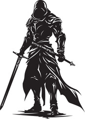 Courageous Guardian Black Logo of Knight Soldier with Sword Aloft in Vector Noble Warrior Knight Soldiers Raised Sword Icon in Black Vector