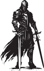 Obraz premium Virtuous Vigilante Vector Black Logo of Knight Soldier with Sword Raised High Courageous Guardian Black Logo of Knight Soldier with Sword Aloft in Vector