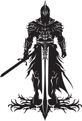 Honorbound Knight Black Logo Design Featuring Knight Soldiers Raised Sword Gallant Guardian Vector Emblem of Knight Soldier with Sword Raised in Black
