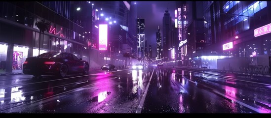 3d illustration futuristic cyberpunk city with neon night illumination effect. AI generated image
