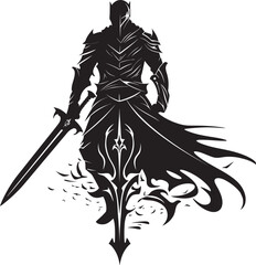 Regal Guardian Vector Emblem of Knight Soldier with Sword Raised in Black Valiant Defender Black Logo of Knight Soldier with Sword Aloft in Vector