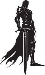Brave Sentinel Knight Soldiers Raised Sword Icon in Black Vector Gallant Warrior Black Vector Logo of Knight Soldier with Sword Raised High