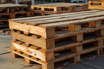 Several smooth new wooden pallets are skillfully stacked on top of each other near a warehouse, creating an interesting and visually appealing structure