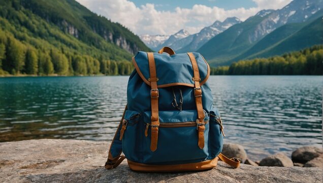 Backpack on the mountain and lake background, Scenic nature on mountain nobody, travel photo, selective focus