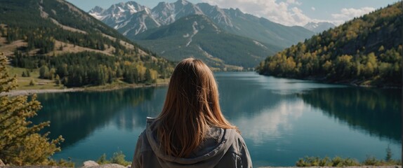 Backview of girl on the mountain and lake background, Scenic nature on mountain nobody, travel photo, selective focus