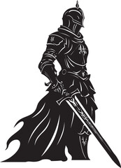 Defenders Legacy Knight Soldier Raised Sword Emblem in Black Graphic Noble Sentinel Vector Black Logo of Knight Soldier with Sword Aloft