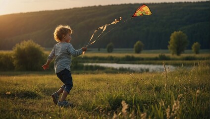 Child playing with a kite while running on a meadow by the lake at sunset - Powered by Adobe