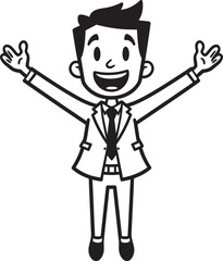 Grinning Business Owner Emblem Vector Black Logo Design of a Joyful Stick Figure Gleeful CEO Badge Caricature Stick Figure in Black Vector
