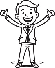 Delighted Entrepreneur Crest Vector Black Logo Design of a Joyful Stick Figure Energetic Business Founder Insignia Caricature Stick Figure in Black Vector