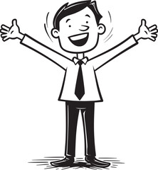 Joyous Corporate Innovator Seal Caricature Stick Figure in Black Vector Ecstatic Business Visionary Crest Happy Businessman Icon in Black Logo