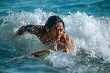 tattooed maori man is surfing on a wave on surfboard, water drops, white and aquamarine