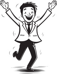 Gleeful Business Owner Seal Caricature Stick Figure in Black Vector Joyous Corporate Executive Insignia Happy Businessman Icon in Black Logo