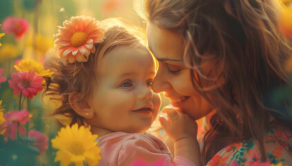 Madre sujetando a su hija pequeña entre sus brazos, la cual acaricia la cara de su madre, ambas sonriendo, rodeadas de flores, sobre fondo desenfocado  - obrazy, fototapety, plakaty