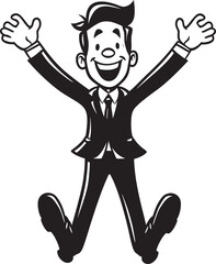 Jovial CEO Insignia Caricature Stick Figure in Black Vector Grinning Business Director Crest Happy Businessman Icon in Black Logo