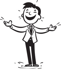 Cheerful Business Executive Badge Caricature Stick Figure in Black Vector Delighted Business Innovator Seal Happy Businessman Icon in Black Logo