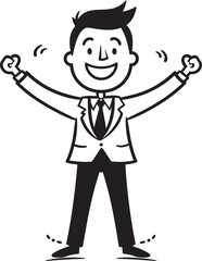 Grinning Business Leader Badge Caricature Stick Figure in Black Vector Gleeful Entrepreneur Seal Happy Businessman Icon in Black Logo