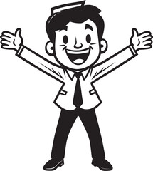 Blissful CEO Crest Vector Black Logo Design of a Smiling Stick Figure Radiant Business Executive Badge Caricature Stick Figure in Black Vector