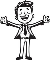 Gleeful Business Owner Badge Caricature Stick Figure in Black Vector Joyous CEO Seal Happy Businessman Icon in Black Logo