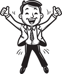 Blissful Business Owner Caricature Stick Figure in Vector Black Radiant Corporate Executive Happy Businessman Icon in Black Vector