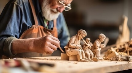 Carpenter working on wood craft in his studio. Craftsman creating a sculpture