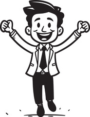 Grinning Corporate Visionary Happy Businessman Icon in Black Logo Gleeful Business Founder Vector Black Logo Design of a Joyful Stick Figure