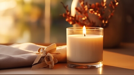Scented candles on wooden table - obrazy, fototapety, plakaty