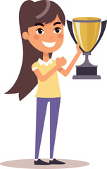 Young Latina girl holding large trophy happy expression. Success achievement theme vector illustration