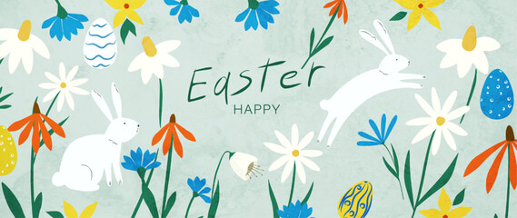 Fototapeta na wymiar Art background Happy Easter. Modern hand drawn pattern design for Easter holiday with Easter eggs, bunnies, spring flowers for banner design, greetings, invitations, cover