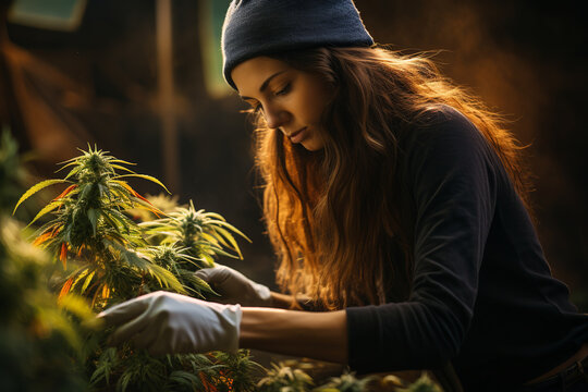 young woman is planting hemp, marijuana plants in a field against a natural and agricultural background
