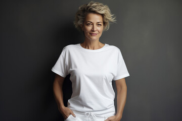 Middle aged woman wearing blank white t-shirt posing against black wall. Portrait of confident mid-aged woman wearing white t-shirt mockup template for design print