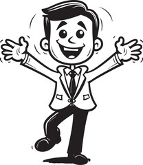 Blissful Business Mogul Vector Black Logo with Caricature Businessman Grinning Entrepreneur Stick Figure Businessman Icon in Black Vector