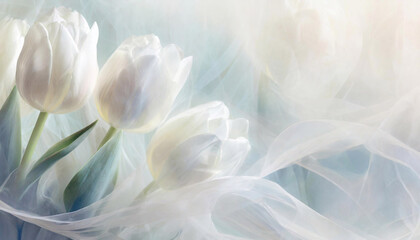 Białe kwiaty, tulipany na pastelowym tle, puste miejsce, tapeta