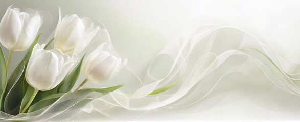 Białe kwiaty, tulipany na pastelowym tle, puste miejsce, tapeta - obrazy, fototapety, plakaty